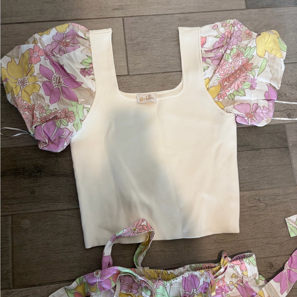Floral Puff-Sleeve Crop Top & Wide-Leg Set - Cream with Pink & Yellow Floral